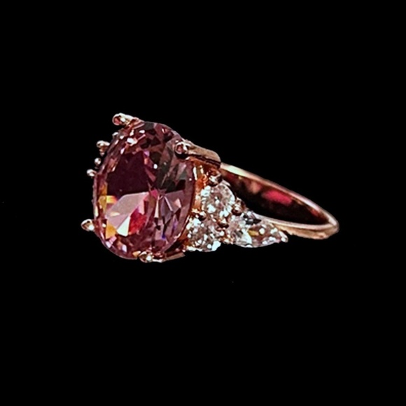 Cocktail Dinner Ring Inlaid Pink Crystal Zircon Rose Golden 925 Silver Plate - Picture 5 of 11
